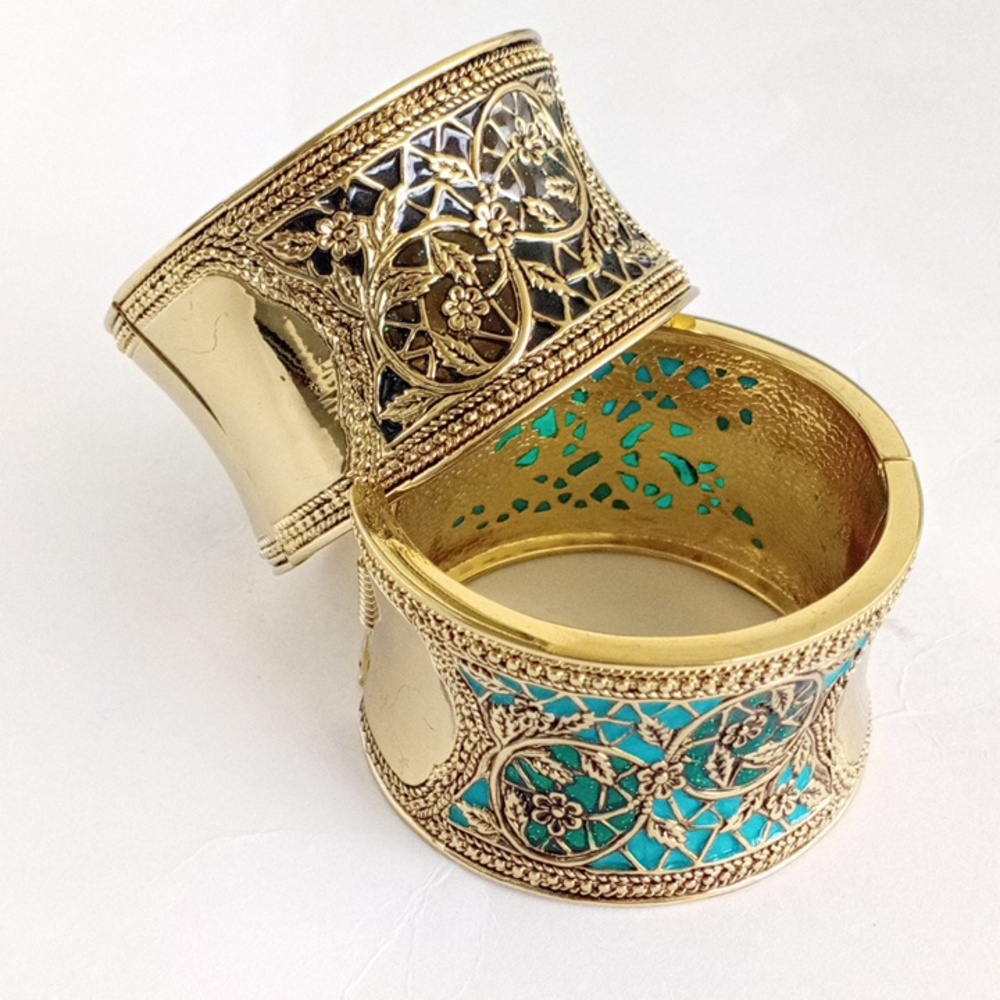 Elegant Cuff Hinge Bracelets Bundle Gold With Turquoise Blue And Gold With Black